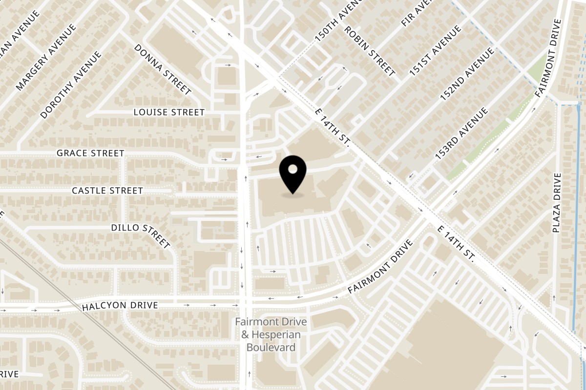 Map showing the location of Joe's Pho Hesperian Blvd on 15070 Hesperian Blvd in San Leandro
