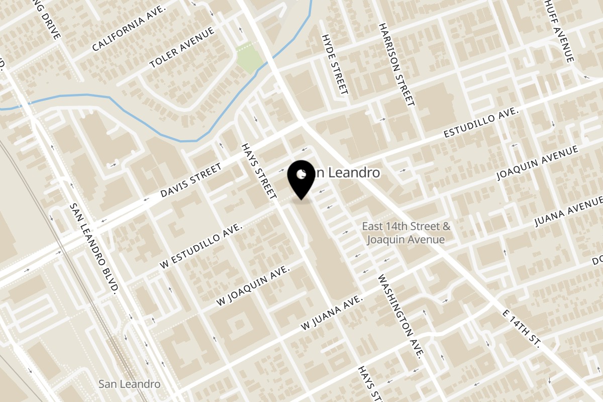 Map showing the location of Joe's Pho San Leandro on 1305 Washington Ave Unit D10 in San Leandro